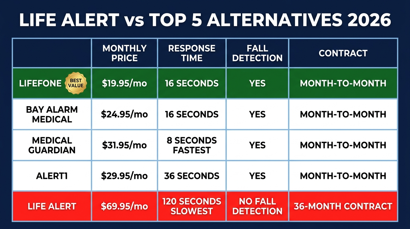 Life Alert vs Top 5 Alternatives 2026: price, response time, fall detection and contract comparison. Life Alert Alternatives