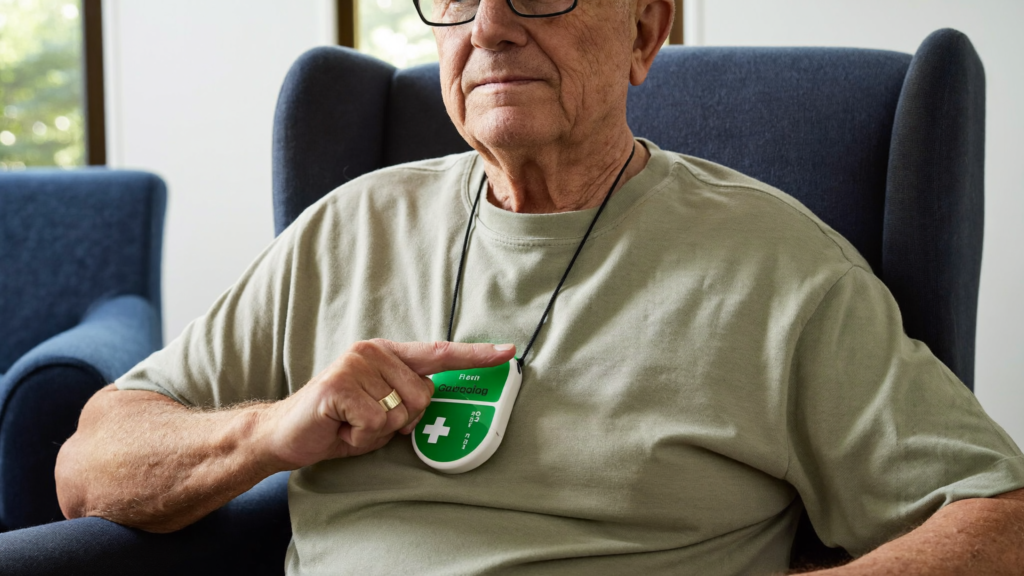 Medical Guardian review: senior pressing a green help button pendant worn on a lanyard