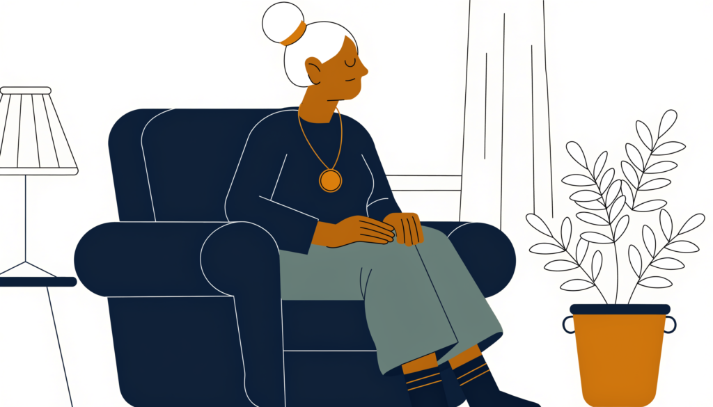 Senior woman sitting in armchair wearing a PERS medical alert pendant necklace - Personal Alert Safety System (PERS)