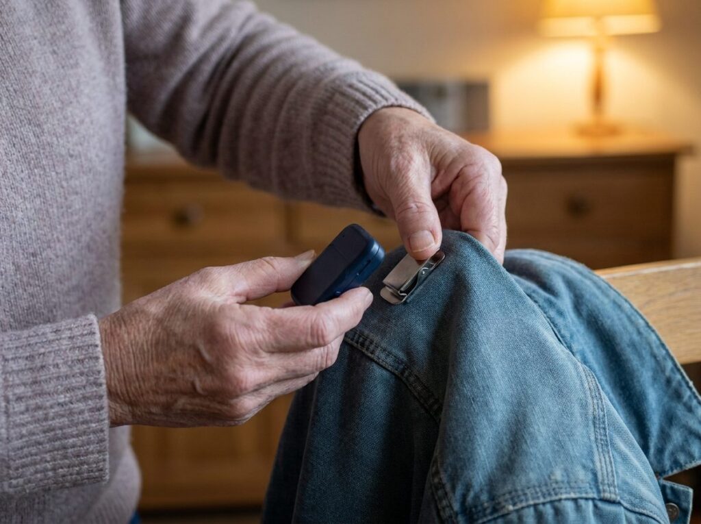 Caregiver attaching an AngelSense GPS tracker using a discreet magnetic clip