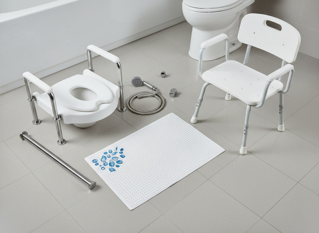 Best bathroom accessories for seniors: grab bar, non-slip mat, raised toilet seat and shower chair