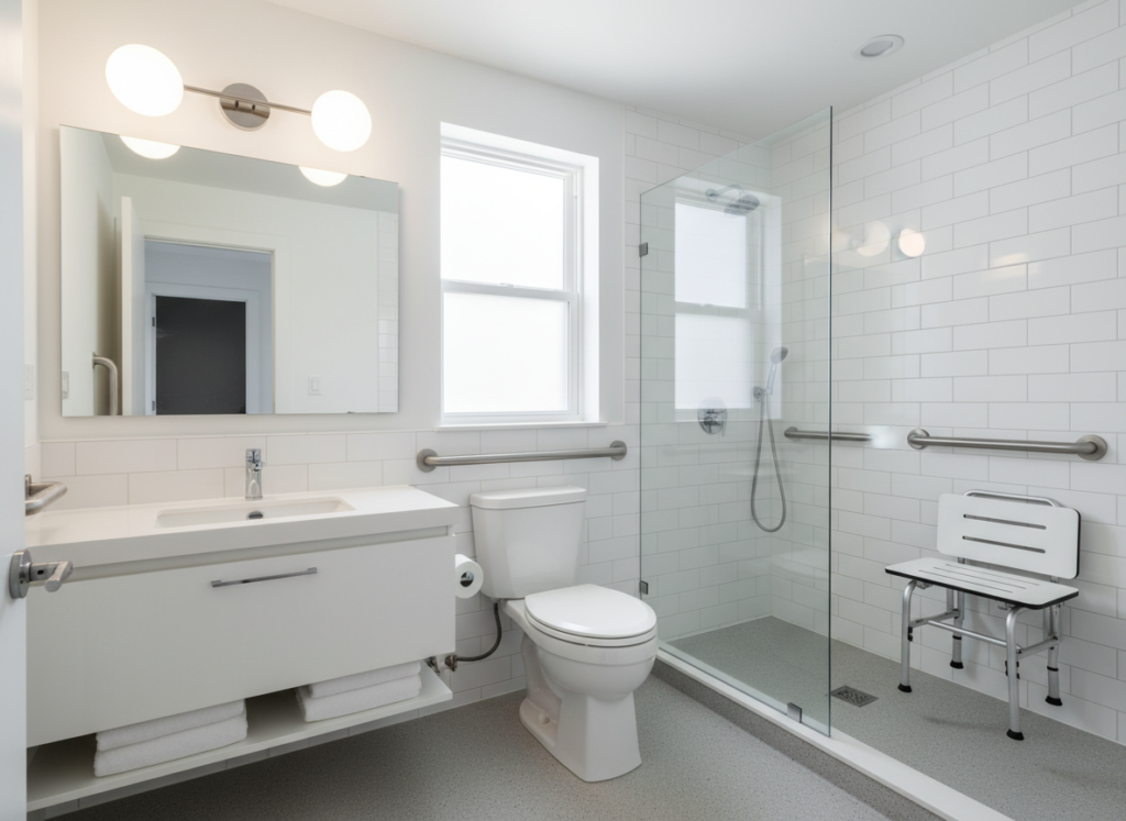 Senior-friendly bathroom fitted with safety bathroom accessories