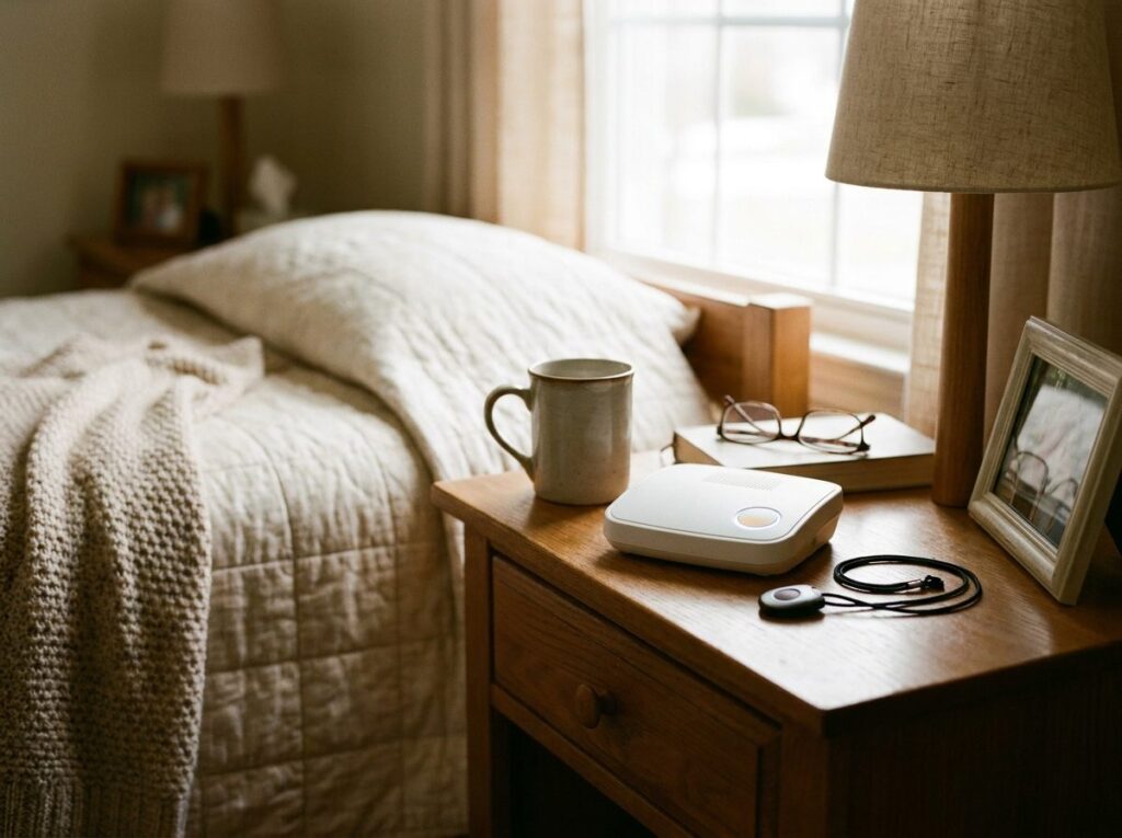 Bay Alarm Medical review: SOS Home base unit and help pendant on a nightstand