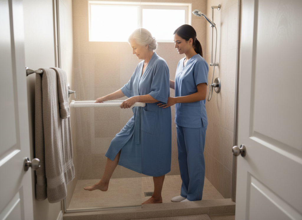 Senior woman using grab bars for shower installation while entering the shower