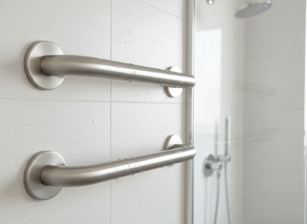 Grab bars for shower installation mounted on a bathroom wall