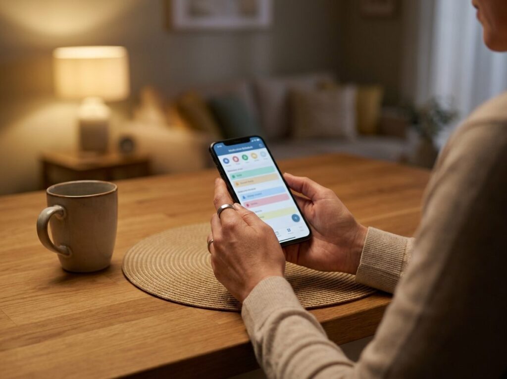 Caregiver viewing Hero medication schedule app on a smartphone