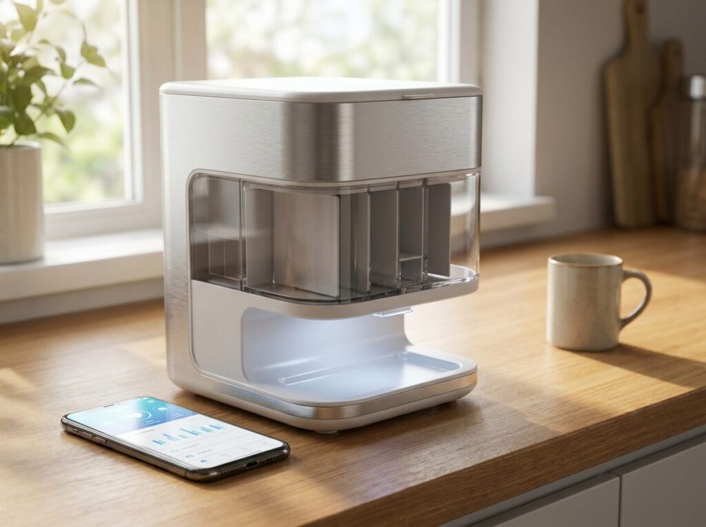 Hero pill dispenser on a kitchen counter with connected phone app