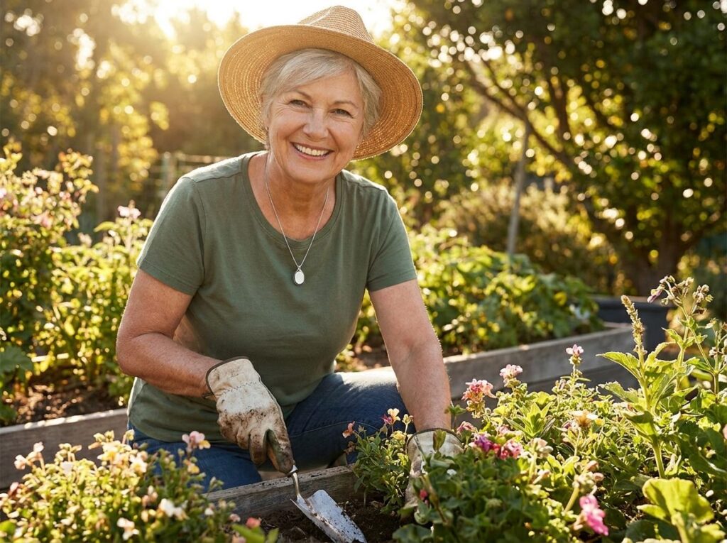 Senior woman wearing a LifeFone pendant while gardening outdoors