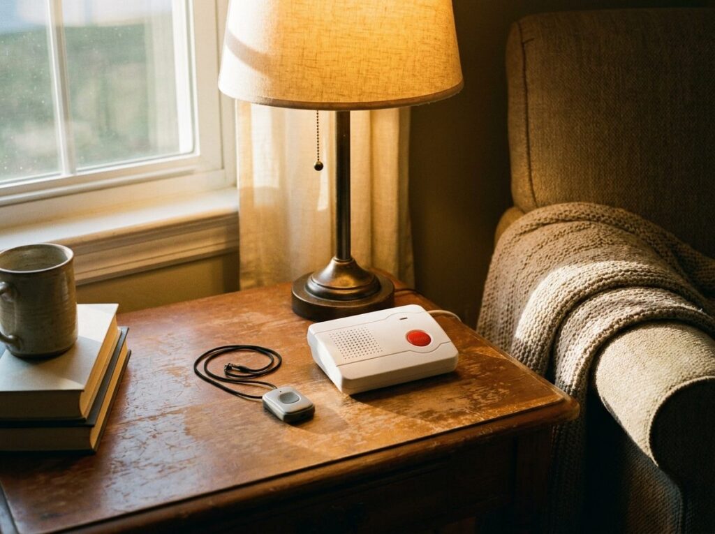 LifeFone medical alert base unit and pendant on a home end table