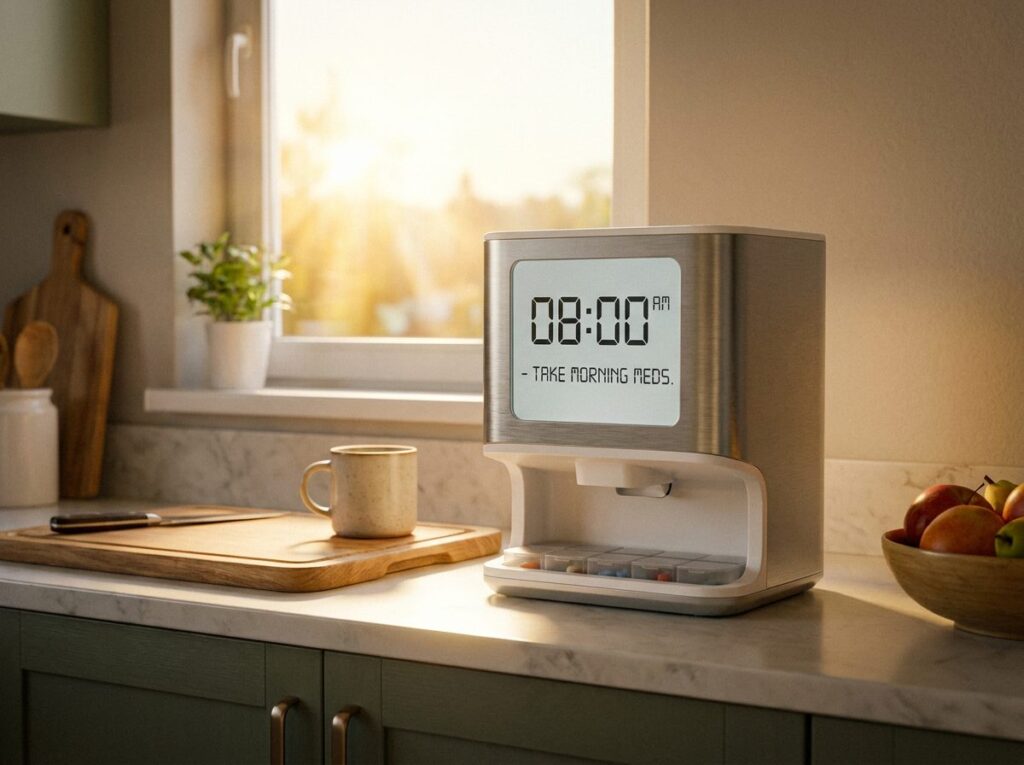 LiveFine 28 day automatic pill dispenser on a kitchen counter