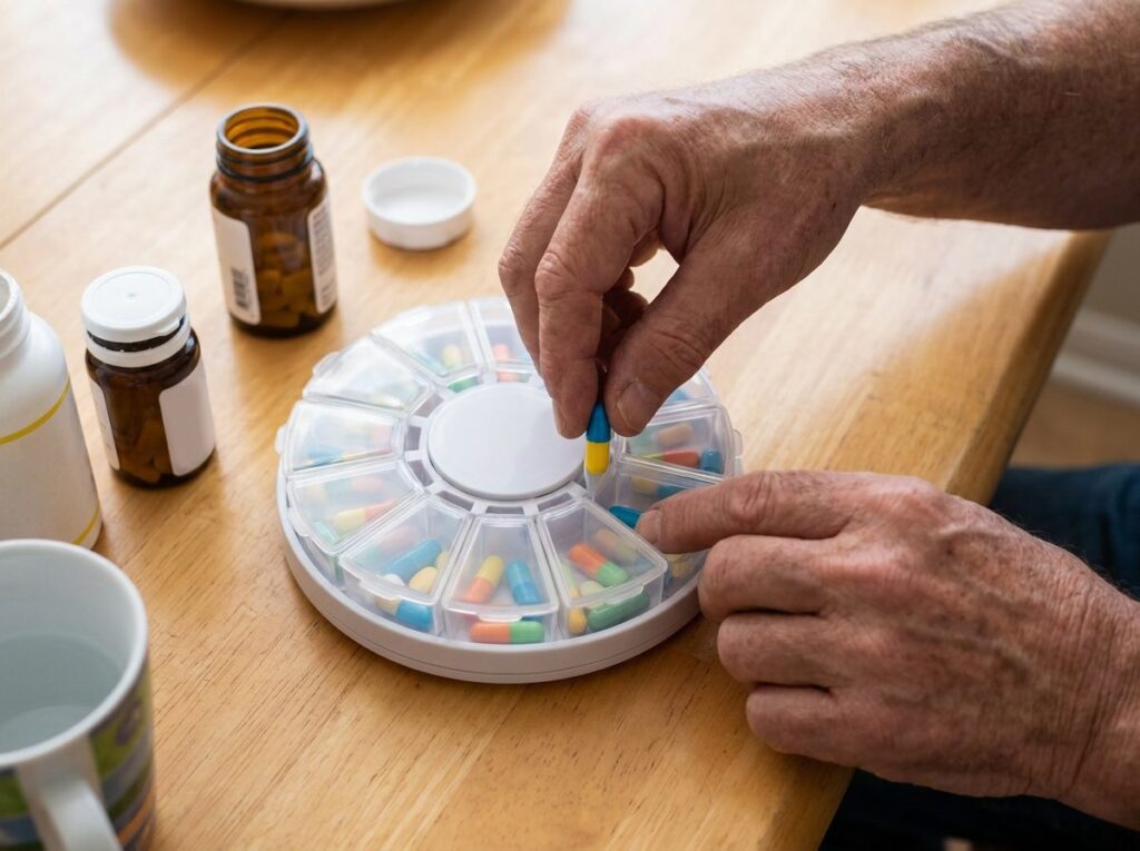 Adult child loading pills into a LiveFine dispenser carousel