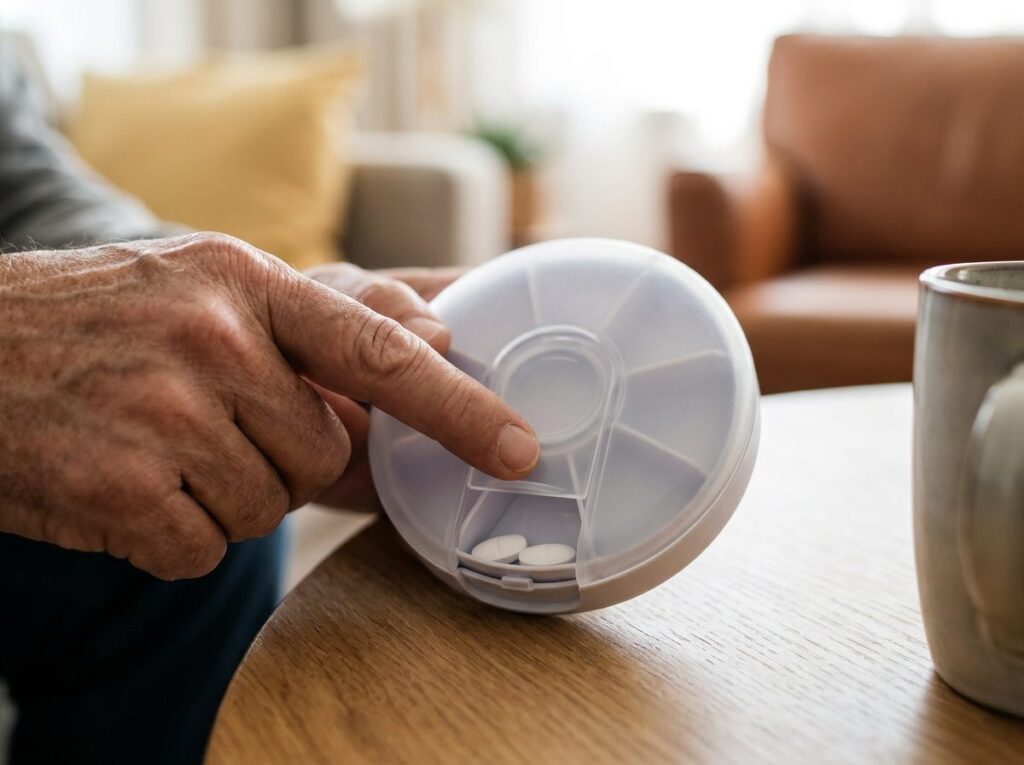 Hand pressing the retrieval window on a LiveFine pill dispenser