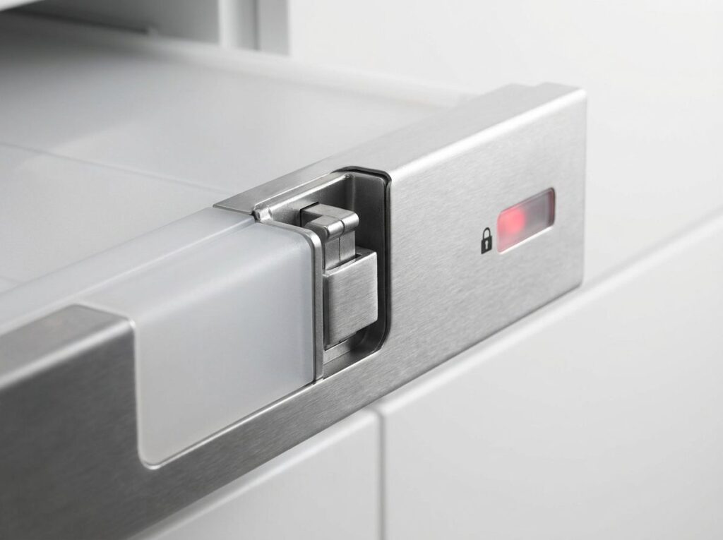 Locked medication dispenser drawer, tamper-alert detail