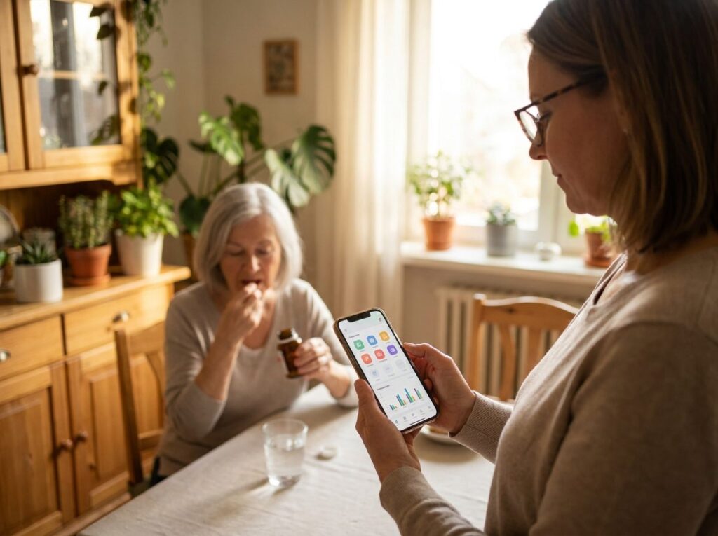 Daughter checking Medacube medication tracking app while parent takes a pill