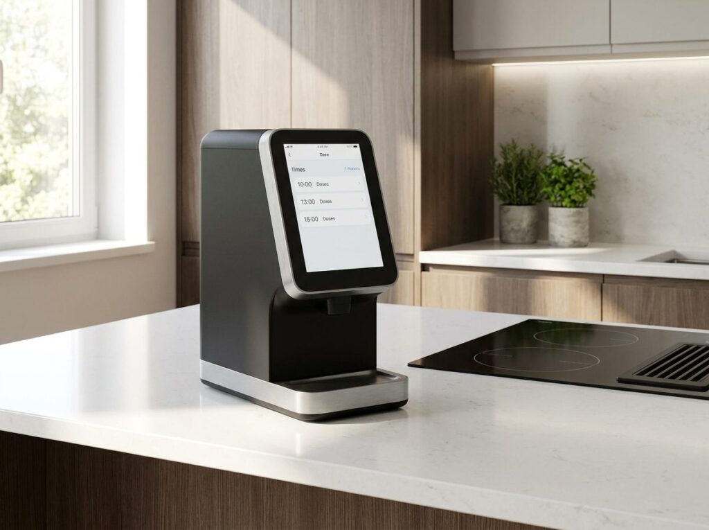 Medacube review: premium touchscreen medication dispenser on a kitchen counter