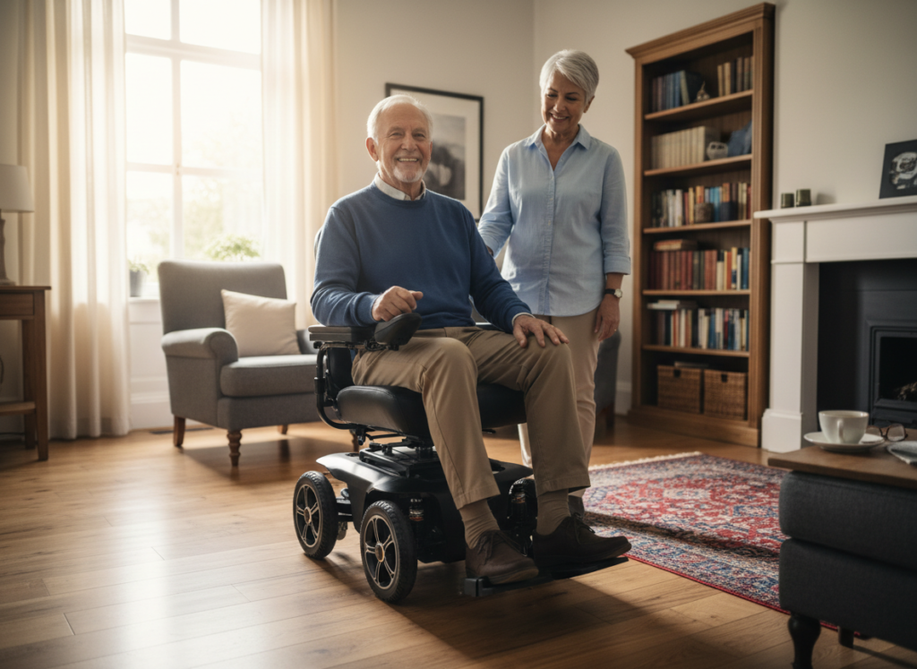 Senior man riding a motorized chair for elderly independence at home