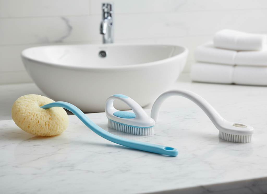 Rinse-free bath sponge and long-handled bathing aids for seniors