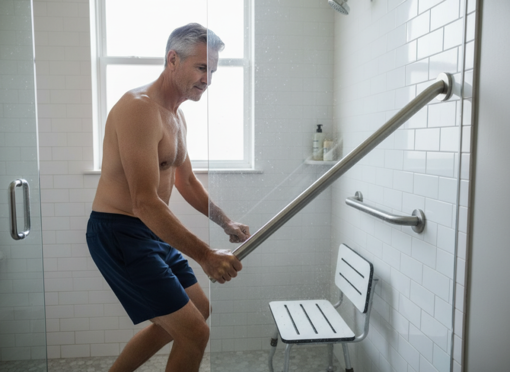 Elderly man using shower safety bars to lower himself onto a shower seat