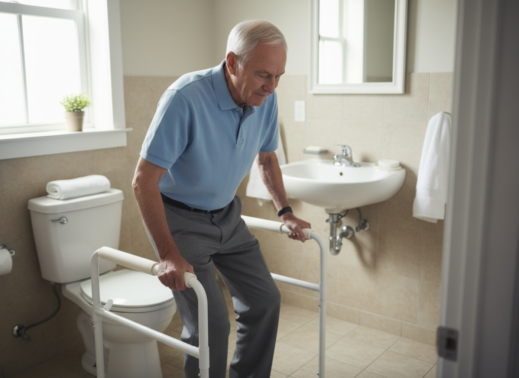 Elderly man using toilet safety rails for support while sitting down