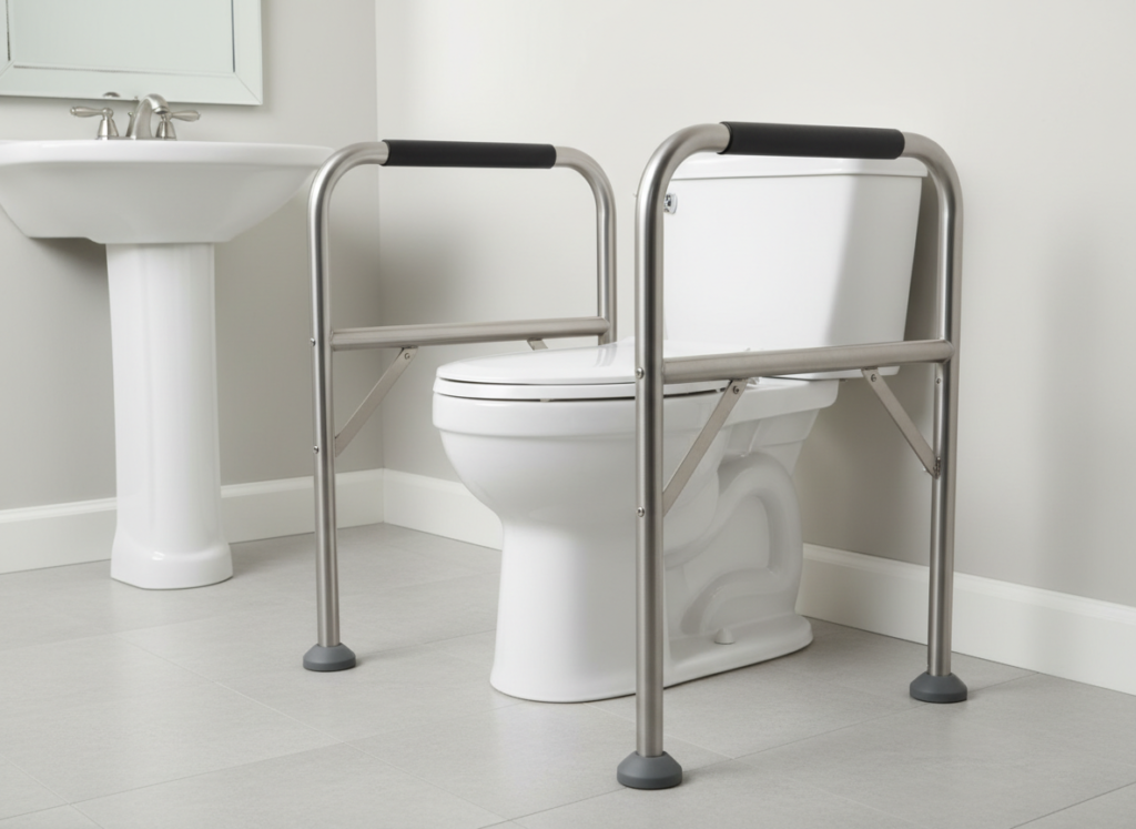 Toilet safety rails installed around a home toilet