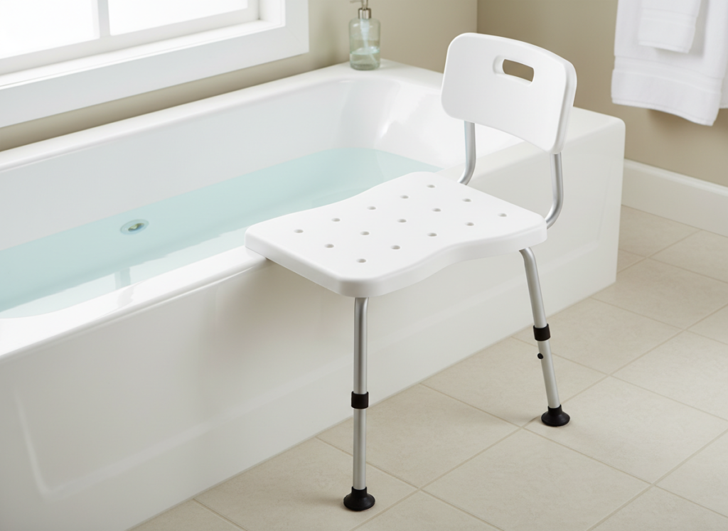 Transfer bench for bathtub straddling the tub wall
