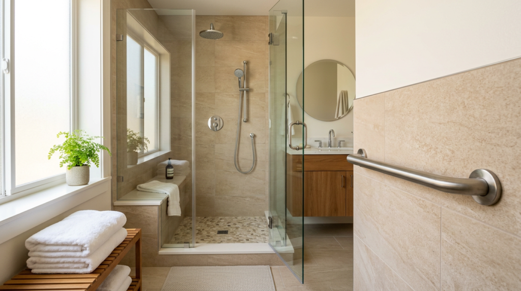 Bathroom safety equipment for seniors including grab bars and a transfer bench