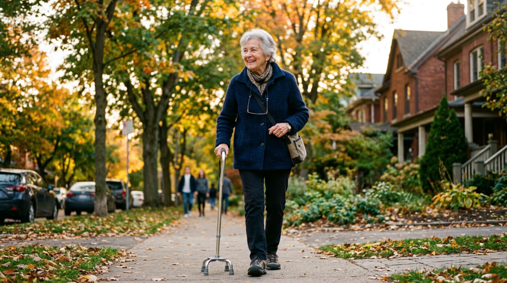 Mobility aids for seniors: cane, walker, mobility scooter, and wheelchair